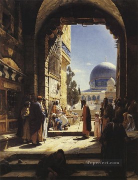 three women at the table by the lamp Painting - At the Entrance to the Temple Mount Jerusalem Gustav Bauernfeind Orientalist Jewish